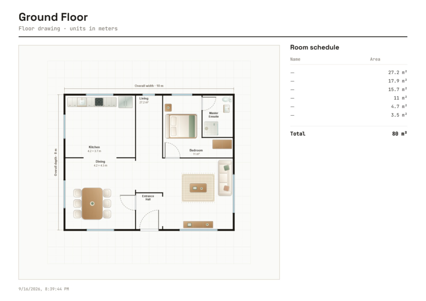 Actual VillaBrix PDF export of the furnished 80 square metre apartment, including a dimensioned floor plan and room area schedule.